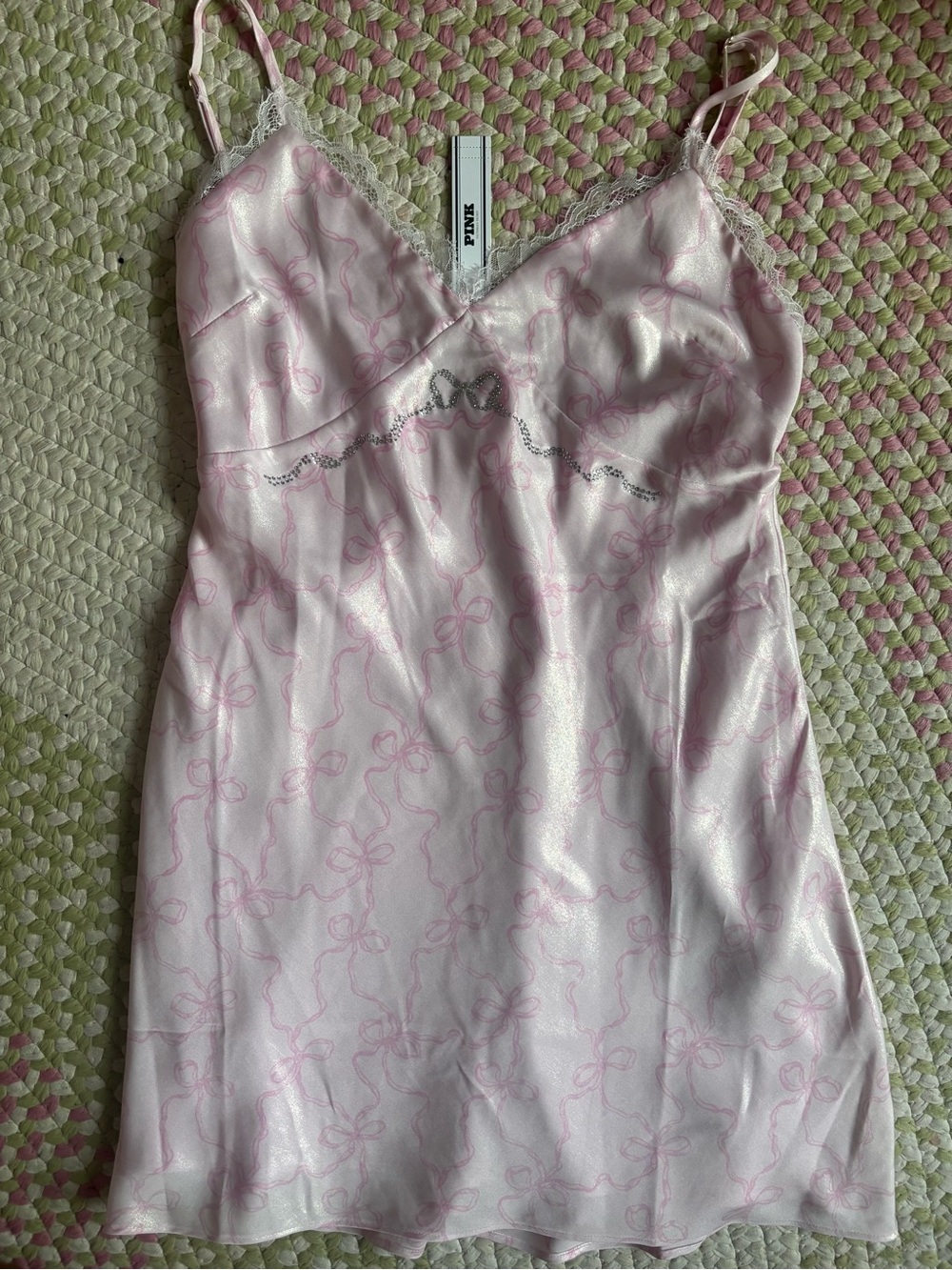 PINK Victoria's Secret Light Pink Satin Mini Slip Dress with Bow Print